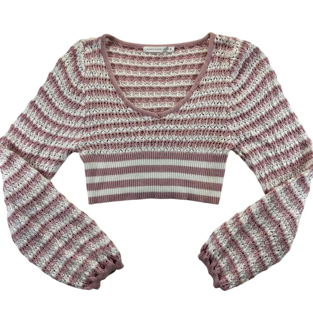 Altar'd State Womens XS Pink White Striped Cropped Knit V-Neck Sweater